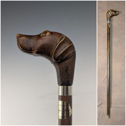 British vintage brown shaft resin dog head handle walking stick 83cm